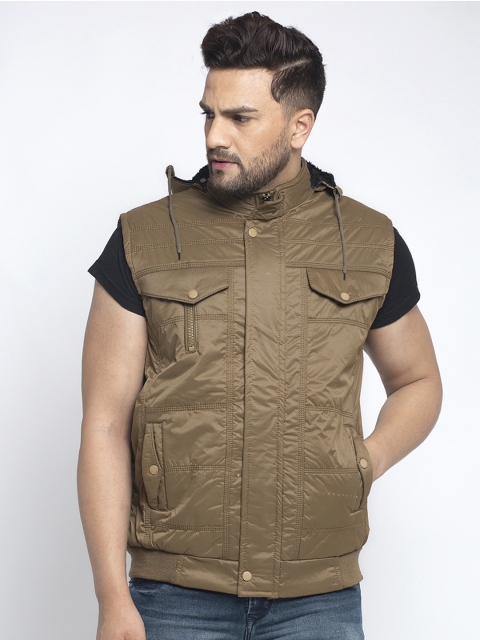 

KLOTTHE Men Brown Solid Windcheater Hooded Bomber