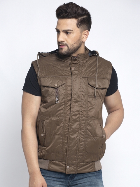 

KLOTTHE Men Brown Solid Windcheater Hooded Bomber