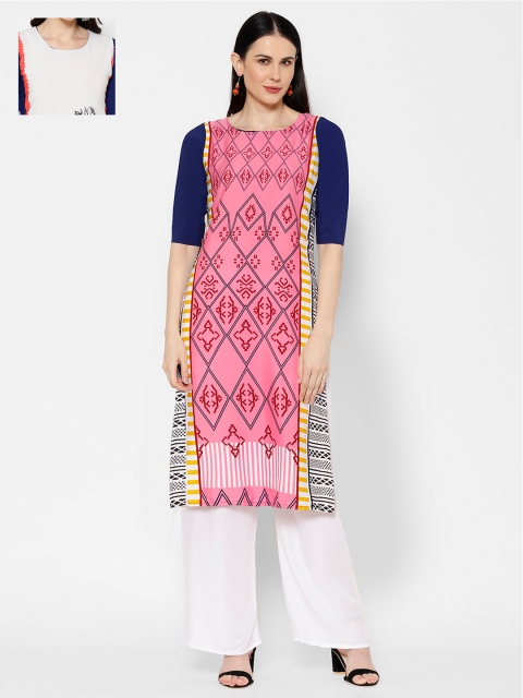 

7Threads Women Set of 2 Printed Straight Kurta, Navy blue