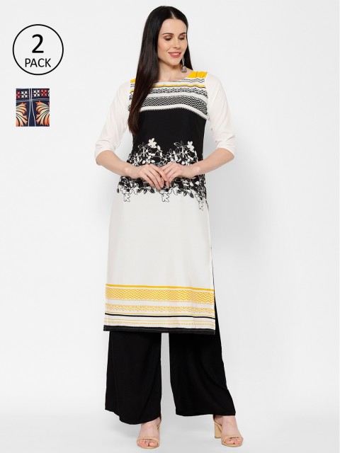 

7Threads Women Pack of 2 Navy Blue & Off-White Printed Straight Kurtas