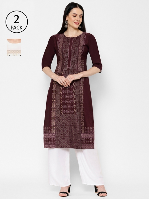 

7Threads Women Pack of 2 Printed Straight Kurtas, Brown