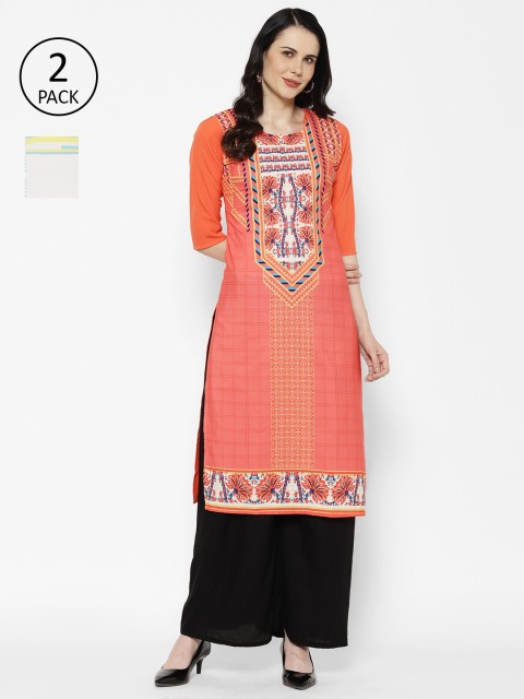 

7Threads Women Pack of 2 Orange & Blue Printed Straight Kurtas