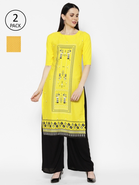 

7Threads Women Pack of 2 Yellow & Orange Printed Straight Kurtas