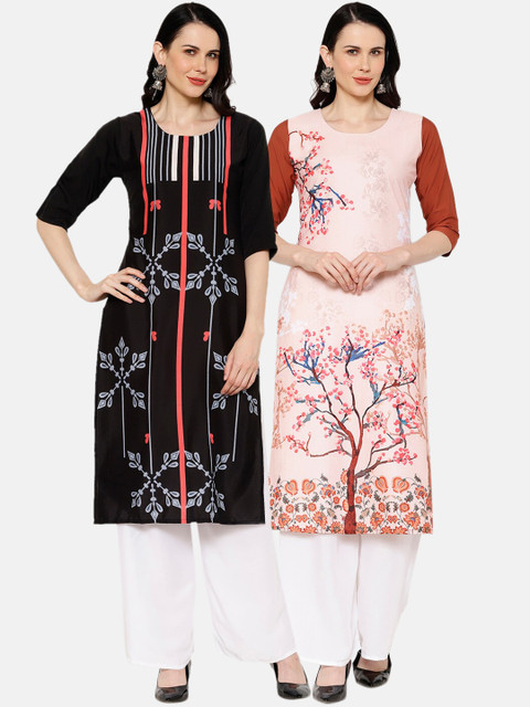 

7Threads Women Pack of 2 Printed Straight Kurtas, Black