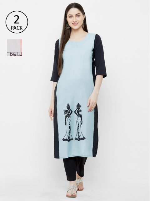 

7Threads Women Pack of 2 Blue & Orange Printed Straight Kurtas