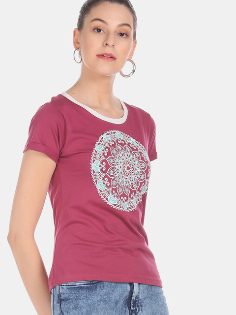 

Sugr Women Purple Printed Round Neck T-shirt