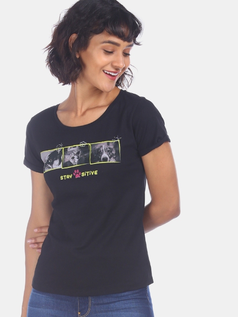 

Sugr Women Black Printed Round Neck T-shirt