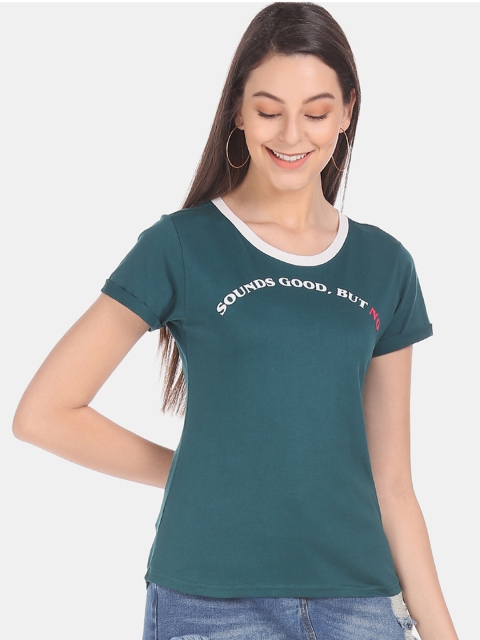 

Sugr Women Teal Printed Round Neck T-shirt