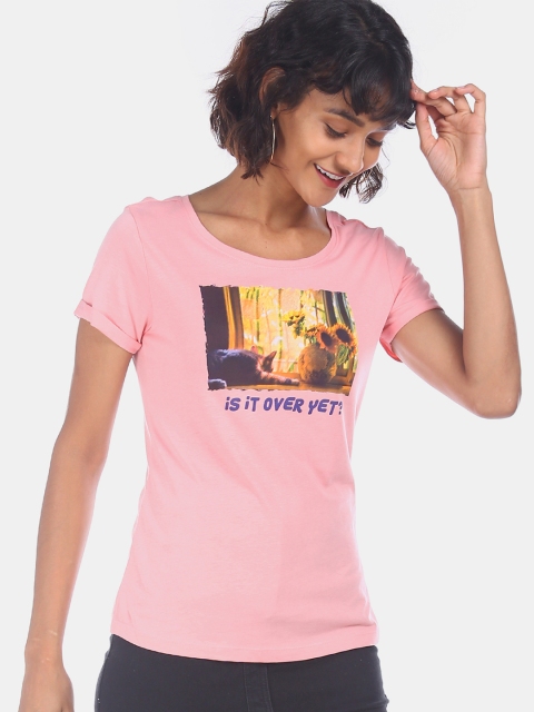 

Sugr Women Pink Printed Round Neck Cotton T-shirt