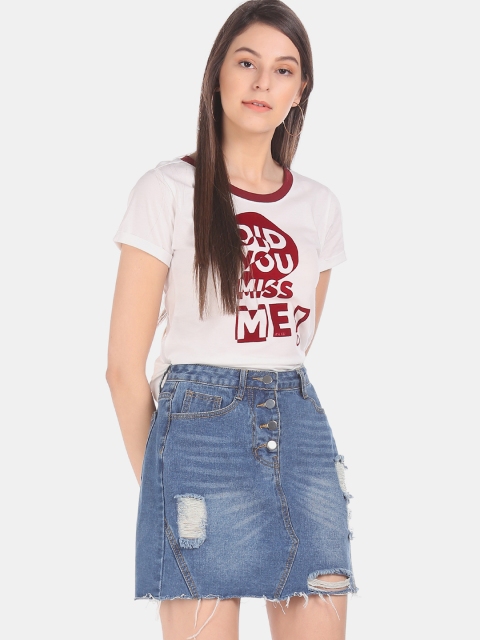 

Sugr Women White Printed Round Neck T-shirt