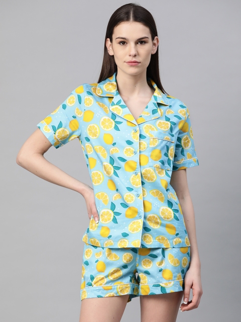 

VividArtsy Women Blue & Yellow Lemon Printed Night Suit