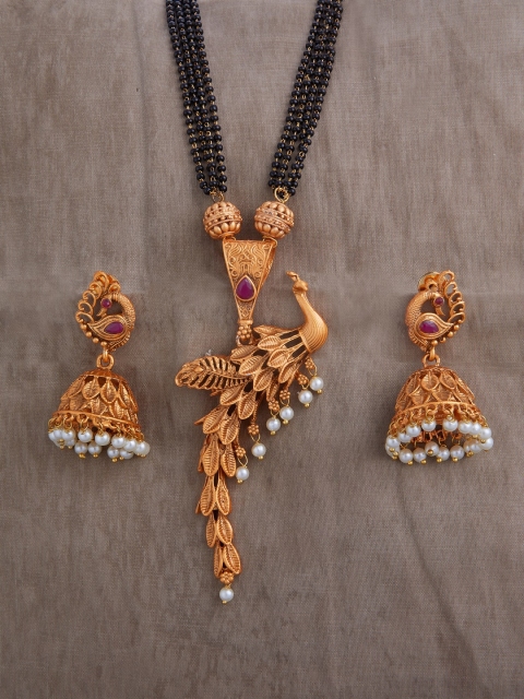 

Alankruthi Gold-Plated & Black Multistranded Peacock Pendant Chain Earring Set