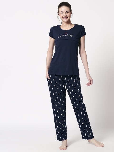 

Zeyo Women Navy Blue Printed Night suit