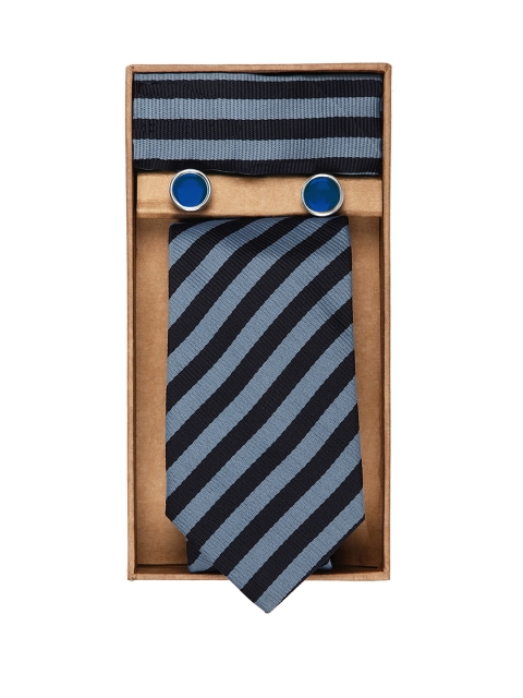 

Blacksmith Men Black & Blue Striped Tie With Cufflinks & Pocket Square Accessory Gift Set