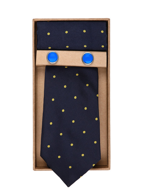 

Blacksmith Men Navy Blue & Yellow Printed Tie, Cufflink & Pocket Square Gift Set