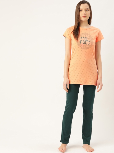 

Sweet Dreams Women Peach-Coloured & Green Printed Pure Cotton Night Suit