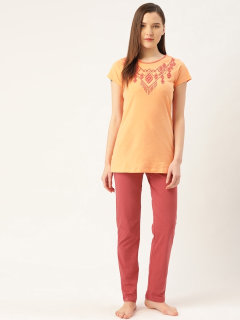 

Sweet Dreams Women Orange & Coral Pink Embroidered Pure Cotton Night Suit