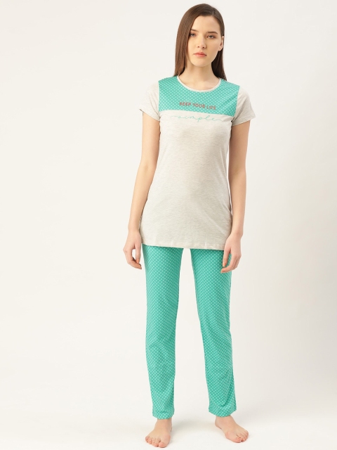 

Sweet Dreams Women Grey Melange & Green Printed Night Suit