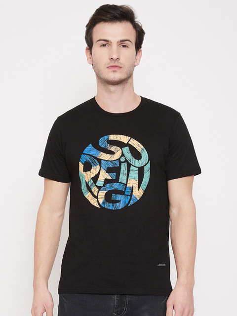 

Purple Feather Men Black & Blue Printed Round Neck T-shirt