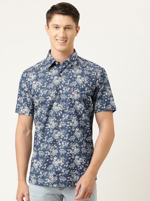 

Burnt Umber Men Blue & White Pure Cotton Slim Fit Floral Print Denim Shirt