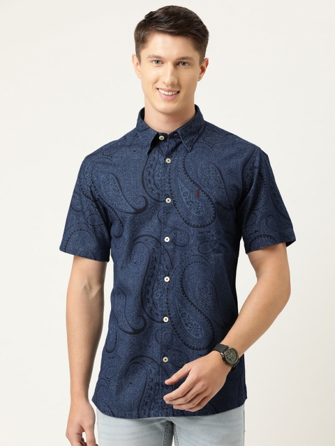 

Burnt Umber Men Navy & Black Pure Cotton Slim Fit Paisley Print Chambray Shirt, Navy blue