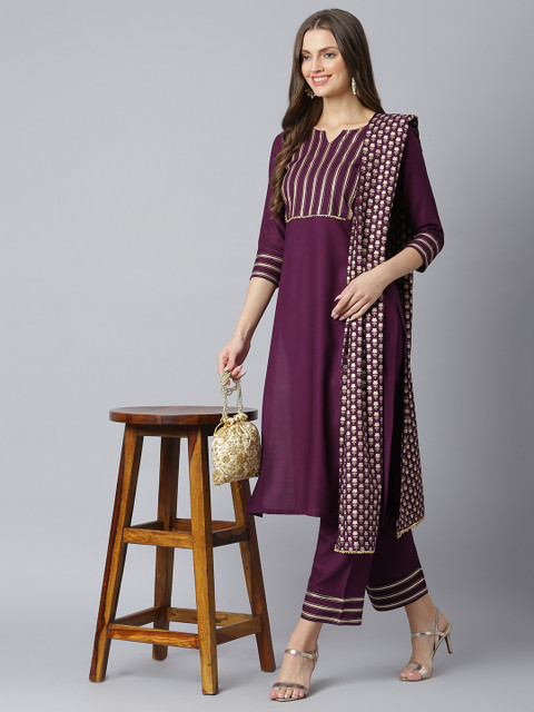 

Khushal K Women Burgundy Yoke Design Kurta with Palazzos & Dupatta