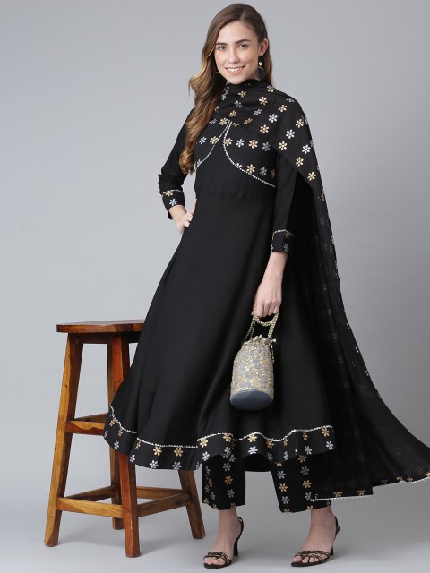 

Khushal K Women Black Solid Kurta with Trousers & Dupatta