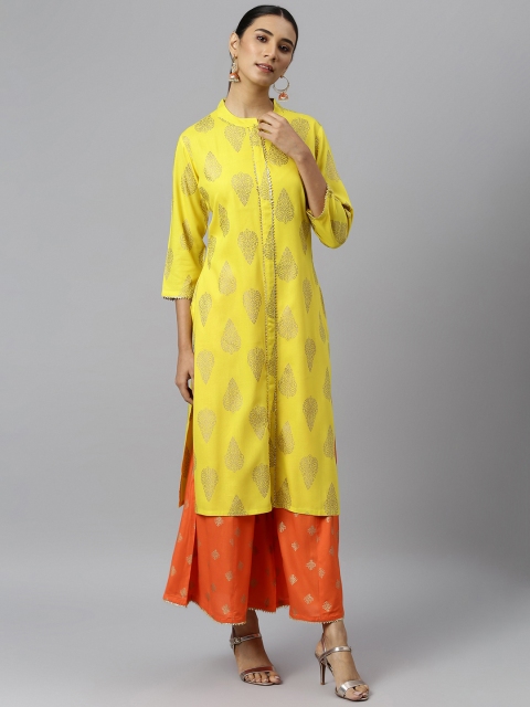 

Khushal K Women Yellow & Orange Printed Kurta with Palazzos