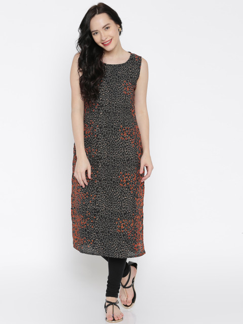 

Vishudh Black & Grey Floral Print Polyester Kurta