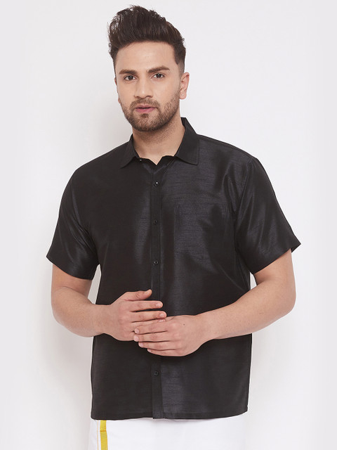 

VASTRAMAY Men Black Regular Fit Solid Casual Plus Size Silk Shirt