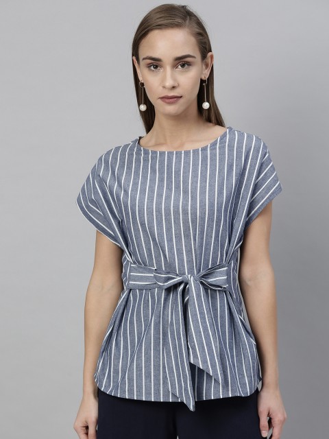 

Vero Moda Women Blue & White Cinched Waist Top