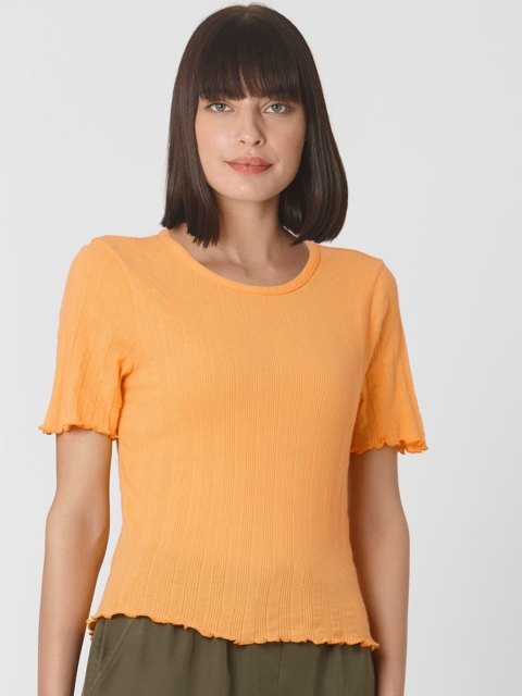 

Vero Moda Women Yellow Self Stripe Round Neck Pure Cotton T-shirt