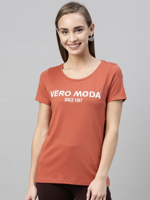 

Vero Moda Women Rust Orange Printed Round Neck T-shirt