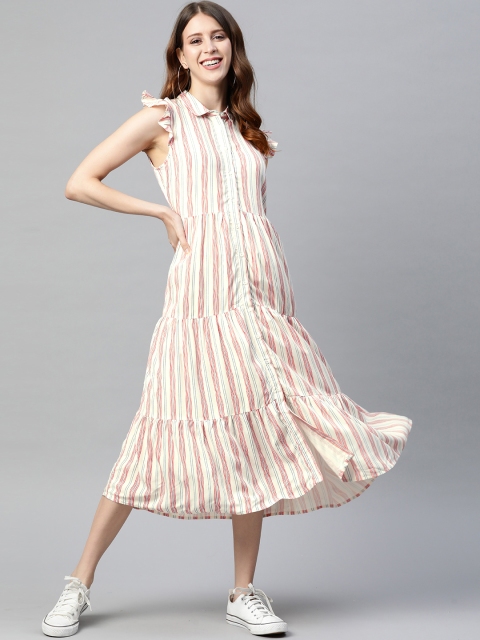 

Mast & Harbour Off White & Red Striped Tiered Shirt Dress