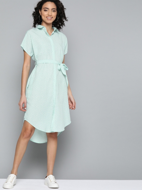 

Mast & Harbour Women Sea Green & White Printed High-Low A-Line Dress & Belt
