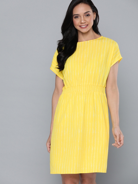 

Mast & Harbour Women Yellow & White Striped A-Line Dress with Smoking Detail