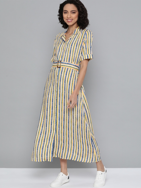 

Mast & Harbour Women Yellow & Navy Blue Striped Ecovero Shirt Dress