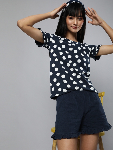 

Mast & Harbour Women Navy Blue & White Polka Dots Printed Night suit