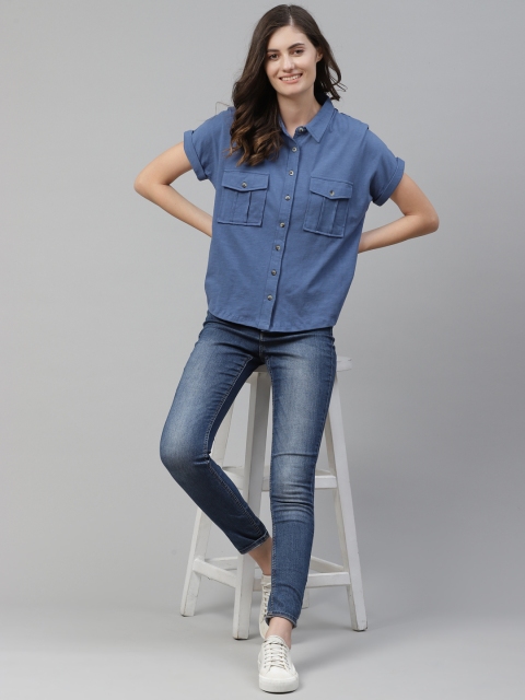 

Mast & Harbour Women Blue Regular Fit Solid Cotton Casual Shirt
