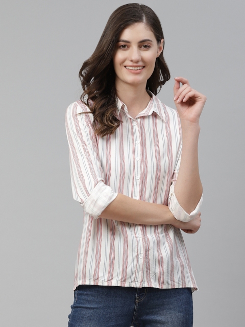 

Mast & Harbour Women Off-White & Red Regular Fit Striped Casual Shirt