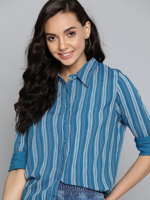 

Mast & Harbour Women Blue & White Striped Casual Shirt