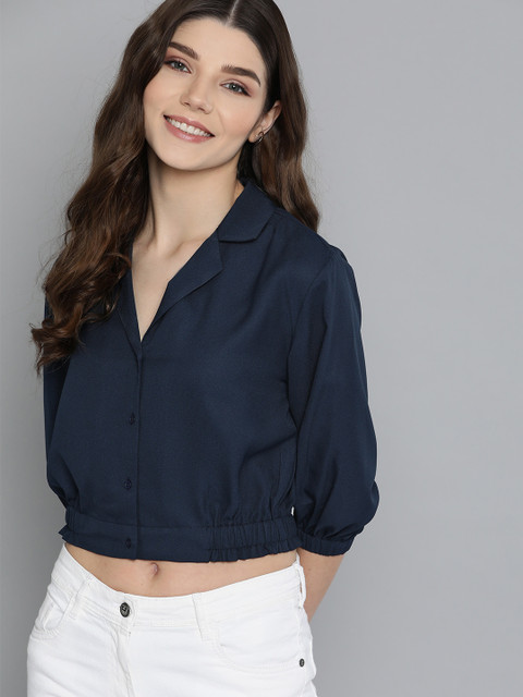 

Mast & Harbour Navy Blue Puff Sleeves Shirt Style Crop Top