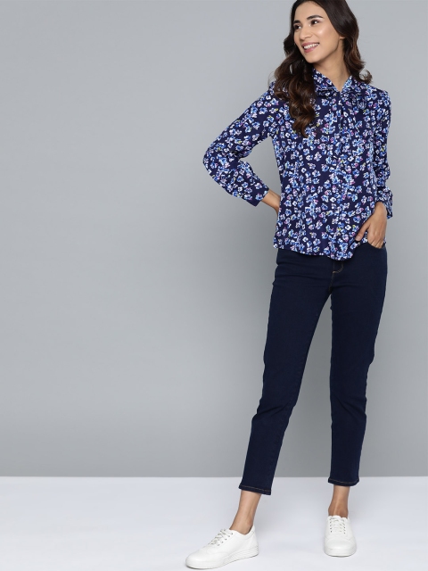 

Mast & Harbour Blue & White Floral Printed Tie-Up Neck Shirt Style Top