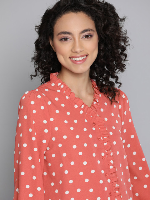 

Mast & Harbour Women Pink & White Polka Dot Print Shirt Style Top
