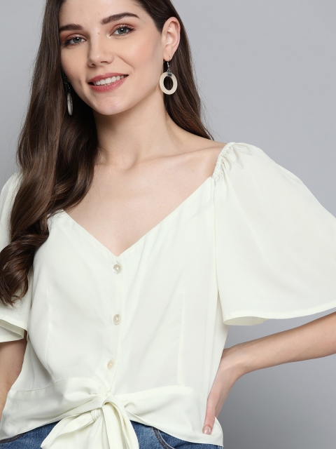 

Mast & Harbour Off-White Flared Sleeves Solid Cropped Top