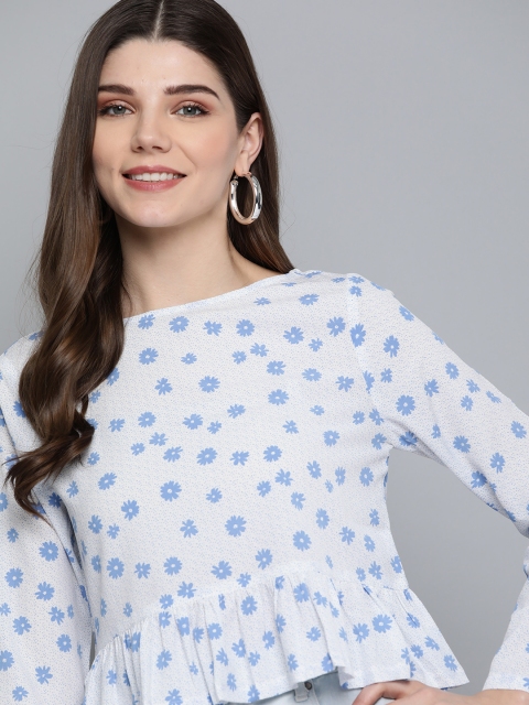 

Mast & Harbour White & Blue Floral Printed A-Line Top