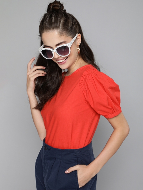 

Mast & Harbour Red Pure Cotton Solid Puff Sleeves Top