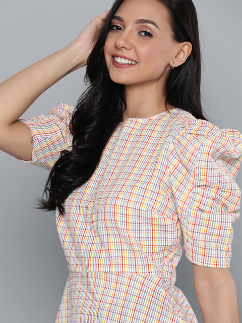 

Mast & Harbour Women White & Yellow Checked Cotton A-Line Top
