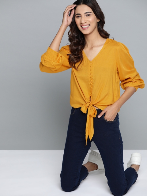 

Mast & Harbour Mustard Yellow Puff Sleeves Smocked Top