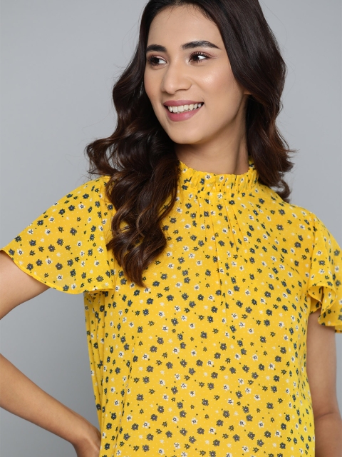 

Mast & Harbour Yellow & Navy Blue Floral Printed High Neck Flutter Sleeves Top
